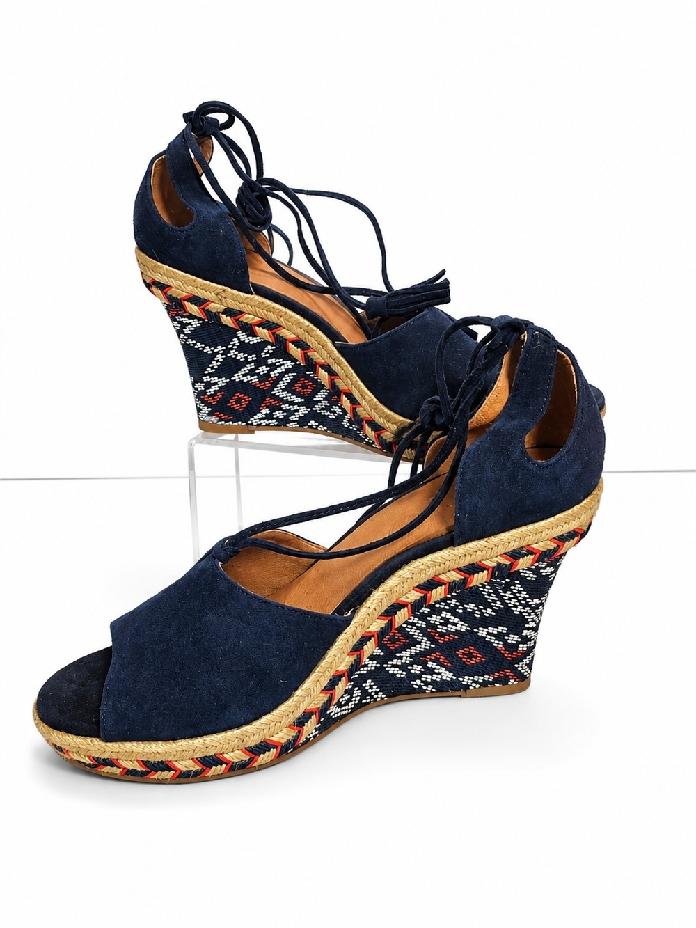 Cabi Women Size 9M Isla Navy Suede Wedge Boho Aztec Tassle Ankle Tie Espadrille